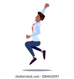 Happy Office Worker Jumping for Joy. Fun Young Person in Tie Jumping with Raised Hands. Laughing Businessman Celebrates Success. Cartoon vector illustration.