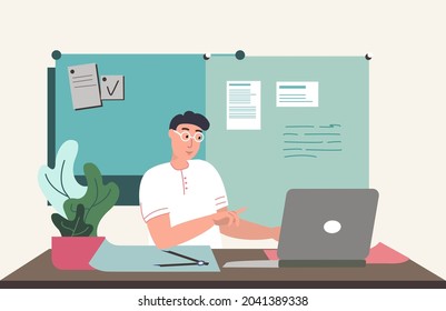 Happy Office Worker Man.Businessman person creating ideas while typing smth on laptop. Creative man. Flat vector illustration isolated on white background