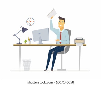 Happy Office Worker - Modern Cartoon People Characters Illustration On White Background. Young Handsome Man Sitting At The Desk. A Nice Workplace With Clock, Lamp, Plant, Table, Printer, Computer, Bin