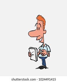 Happy office worker with papers in his hand.																									