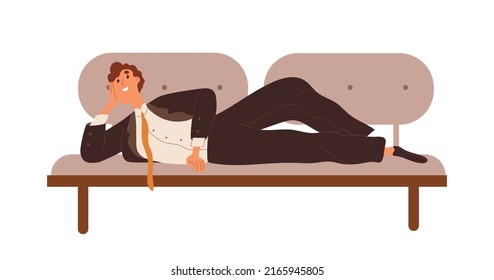 Feliz trabajador de oficina relajándose, soñando. Hombre empleado tendido en el sofá, soñando despierto. Soñador de empleados. Un hombre de negocios gracioso descansando en el sofá. Ilustración vectorial gráfica plana aislada en fondo blanco.