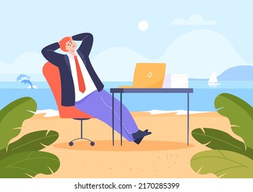 Happy office worker resting on beach during break. Businessman relaxing and dreaming of rest, Friday or weekend flat vector illustration. Vacation, relaxation concept for banner or landing web page