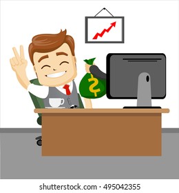 Happy office worker seating on the table with bag of money from computer. Flat illustration. Hand holding money bag comes out from computer. Happy businessman. On line business.