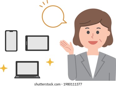 Happy office worker showing handheld devices. Vector illustration isolated on white background.