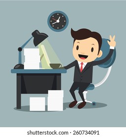 Happy office worker shows ok sign. Creative vector illustration.