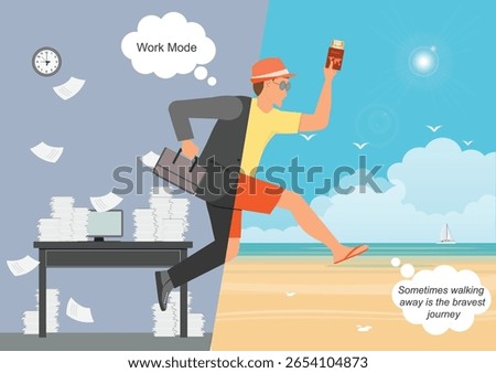 Happy office worker taking time off and jumping from work to holiday beach relax mode.Tropical life on the beach. Going to vacation conceptual on flat person vector illustration.