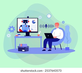 Happy office worker using robot assistant vector illustration. Cartoon drawing of man sitting in chair and using voice recognition for work. AI, modern technology, assistance concept