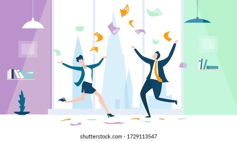 Happy office workers, busy working and celebrating company success. Achievement, working together, support and delivery the deal.  