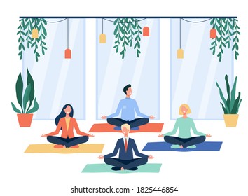 Happy office workers doing yoga, sitting in lotus pose on mats and meditating. Employees exercising during break for mindfulness, stress relief, lifestyle concept