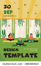 Happy office workers doing yoga, sitting in lotus pose on mats and meditating. Employees exercising during break. For mindfulness, stress relief, lifestyle concept