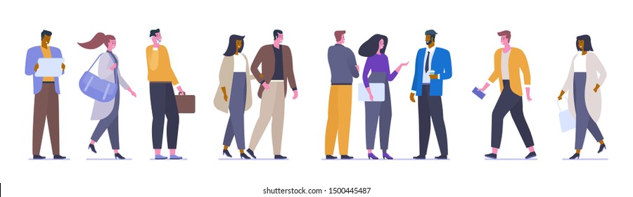 Happy office workers flat vector illustrations set. Smiling college students, company employees cartoon characters. Cheerful men and women in formal clothes. Diverse group, international community