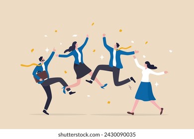 Happy office workers, joyful staff or employee success, team or colleague celebrate work achievement together, diverse, excited people concept, business people office worker jump to celebrate success.