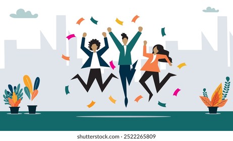 Happy office workers, joyful staff or employee success, team or colleague celebrate work achievement together, diverse, excited people concept, business people office worker jump to celebrate success.