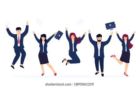 Happy office workers in jump. Business men and business women