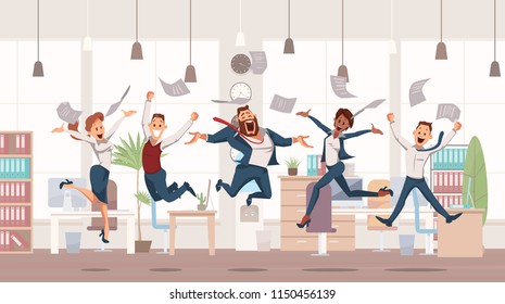 Happy Office Workers Jumping Up. Office Fun. People Work In Office. Happy Workers In Workplace. Corporate Culture In Company. Cheerful Working Day. Colleagues At Work. Vector Illustration.