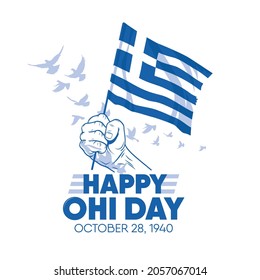 Feliz Día de Ohi o ilustración vectorial del Día de Oxi. Fiesta pública en Grecia. mano en impulso patricio levanta la bandera nacional. Adecuado para tarjeta de saludo, afiche, banner y taza.