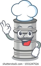 Happy oil drum cartoon chef character with white hat