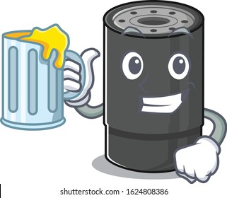 Happy oil filter mascot design with a big glass