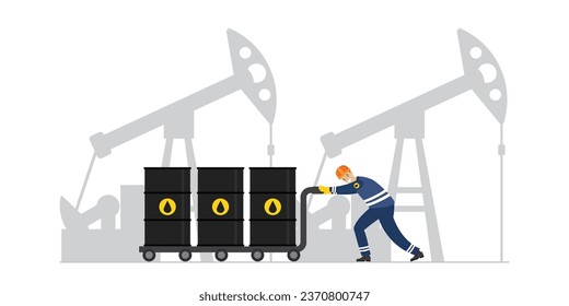 Feliz petrolero empujando el carro con barriles. Toma de la bomba de aceite en marcha al fondo. Producción y procesamiento de petróleo, obteniendo beneficios en la industria del petróleo y el gas. Ilustración vectorial plana