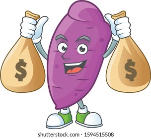 Happy okinawa yaw cartoon character with two money bags
