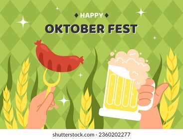 Happy Oktoberfest background. Hands with sausage and beer in glass. Traditional German holiday and festival. Hop product. Poster or banner for website. Cartoon flat vector illustration