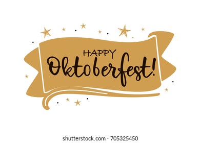 Happy Oktoberfest, beautiful greeting card poster with calligraphy black text word gold ribbon flag. Hand drawn design elements, handwritten modern brush lettering white background isolated vector