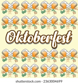 Happy Oktoberfest beer festival celebration. Oktoberfest Background.  Oktoberfest background with beer symbols, icons, signs. Beer mug, bottle, glass. Oktoberfest Party, Poster, Banner, Invitation, 