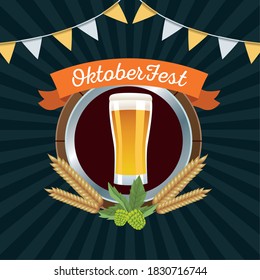 happy oktoberfest celebration with beer glass in wooden frame vector illustration design