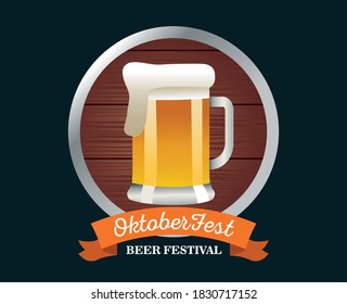 happy oktoberfest celebration with beer jar in wooden frame vector illustration design