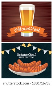 happy oktoberfest celebration with beer and sausages in dish vector illustration design