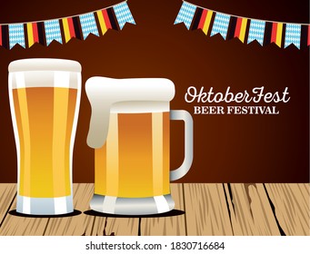 happy oktoberfest celebration with beers and garlands vector illustration design