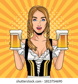 happy oktoberfest celebration card with beautiful woman drinking beers vector illustration design