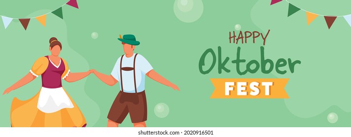 Happy Oktoberfest Celebration Concept With Cartoon German Couple Dancing On Green Background.