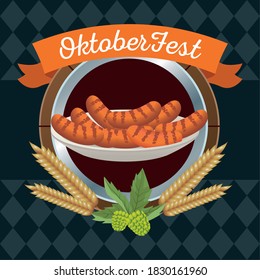 happy oktoberfest celebration with sausages in wooden frame vector illustration design