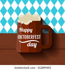 Happy Oktoberfest day, Oktoberfest festival poster design with wood beer mug on bavarian rhombus pattern background. Flat style.