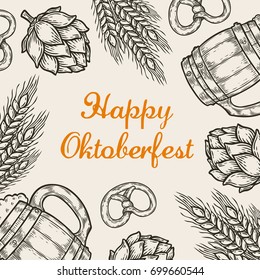 Happy Oktoberfest day Poster of Munich holiday with lettering. Drawing for pub, bar menu, Oktoberfest day card, t-shirt print. Isolated hop, pretzel, beer mug on chalkboard. Vector Illustration