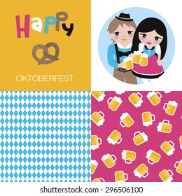 Happy oktoberfest german tradition holiday beer festival munich icons postcard cover design and illustration background pattern in vector