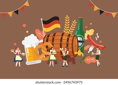 Happy Oktoberfest Party Beer Festival With Tiny People. Beer, Sausage, Gingerbread and German Flag. Flat Cartoon Hand Drawn Templates. Vector Illustration 