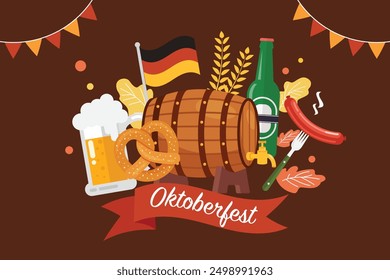 Feliz fiesta del Oktoberfest con cerveza, salchicha, pan de jengibre y bandera alemana. Plantillas dibujadas a mano de dibujos animados planos. Ilustración vectorial 