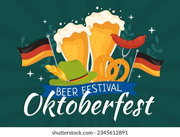 Happy Oktoberfest Party Festival Vector Illustration with Beer, Sausage, Gingerbread, German Flag and ets Background Flat Cartoon Hand Drawn Templates