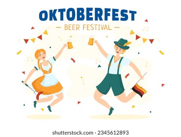 Happy Oktoberfest Party Festival Vector Illustration with Beer, Sausage, Gingerbread, German Flag and ets Background Flat Cartoon Hand Drawn Templates