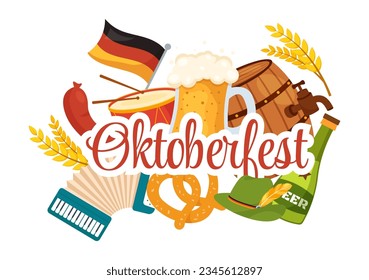 Happy Oktoberfest Party Festival Vector Illustration with Beer, Sausage, Gingerbread, German Flag and ets Background Flat Cartoon Hand Drawn Templates