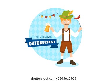 Happy Oktoberfest Party Festival Vector Illustration with Beer, Sausage, Gingerbread, German Flag and ets Background Flat Cartoon Hand Drawn Templates