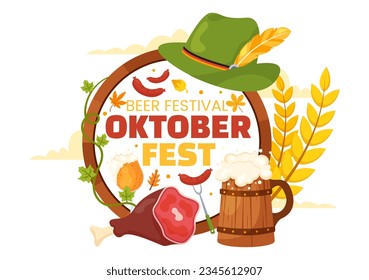 Happy Oktoberfest Party Festival Vector Illustration with Beer, Sausage, Gingerbread, German Flag and ets Background Flat Cartoon Hand Drawn Templates