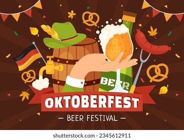 Happy Oktoberfest Party Festival Vektor Illustration mit Bier, Wurst, Lebkuchen, deutscher Flagge und ets Hintergrund Flache Cartoon handgezeichnete Vorlagen