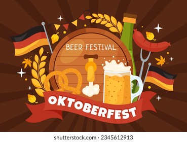 Happy Oktoberfest Party Festival Vector Illustration with Beer, Sausage, Gingerbread, German Flag and ets Background Flat Cartoon Hand Drawn Templates