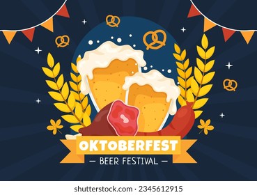 Happy Oktoberfest Party Festival Vector Illustration with Beer, Sausage, Gingerbread, German Flag and ets Background Flat Cartoon Hand Drawn Templates