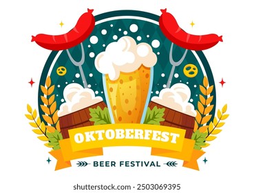 Happy Oktoberfest Party Festival Vector Illustration with Beer, Sausage, Gingerbread, Barrels, German Flag, and Wheat in the Flat Style Background