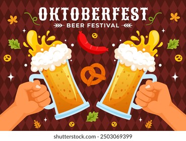 Happy Oktoberfest Party Festival Vector Illustration with Beer, Sausage, Gingerbread, Barrels, German Flag, and Wheat in the Flat Style Background