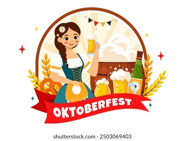 Happy Oktoberfest Party Festival Vector Illustration with Beer, Sausage, Gingerbread, Barrels, German Flag, and Wheat in the Flat Style Background